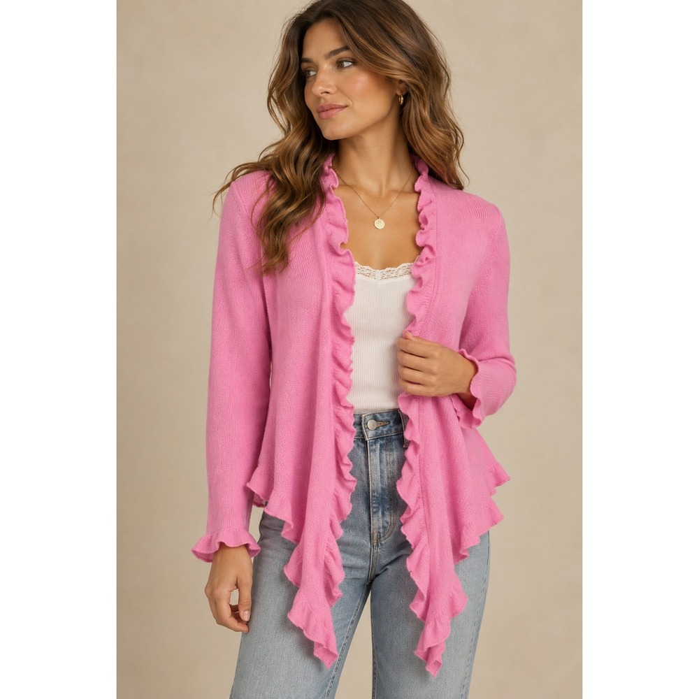 Investments Fine Cashmere Pink Ruffle Open Front Cardigan L/XL F51SP609 NWT